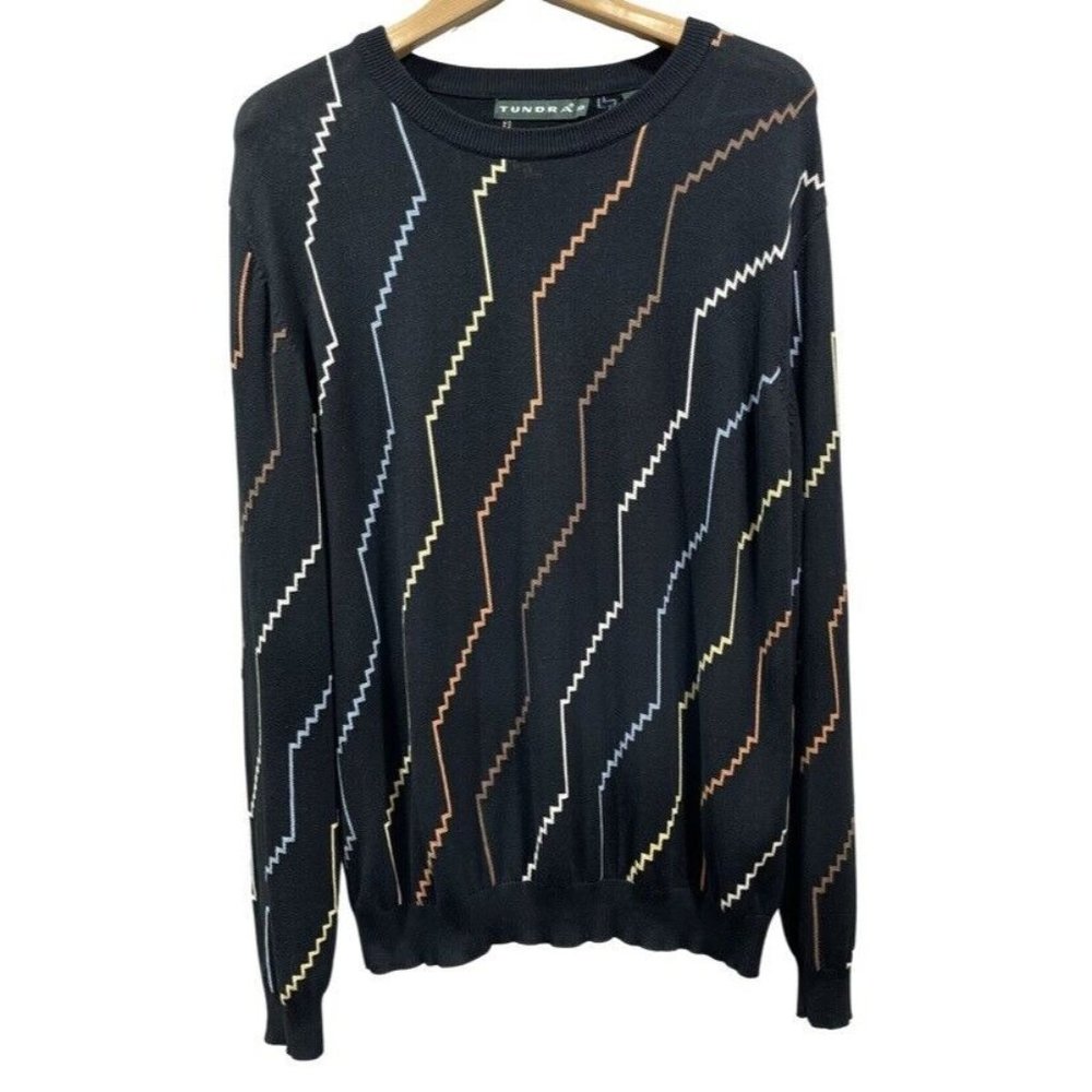 TUNDRA Mens Pullover Crewneck Silk Cotton Blend ZigZag Pattern Black Sweater M